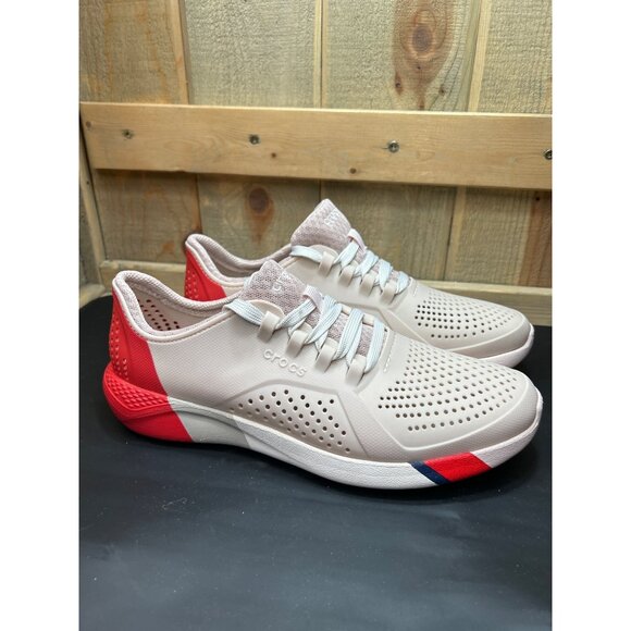 Womens Crocs LiteRide Sneakers Size 11 Beige & Red Perforated Breathable Athleti - Picture 1 of 8